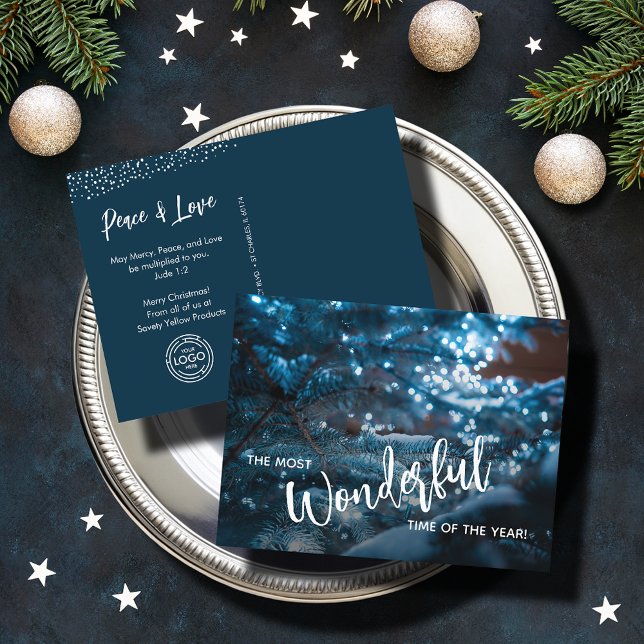Blue Christmas Tree Business Logo Holiday Postcard (Blue Christmas Tree Business Logo Holiday Postcards)