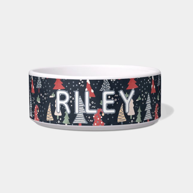 Blue Christmas Tree Design Personalised Dog Bowl (Front)