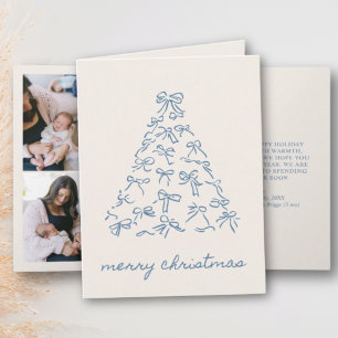 Blue Christmas Tree Doodle Bow 4 Photo Folded Holiday Card