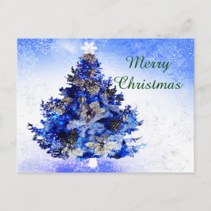 Blue Christmas tree, flower and pines Holiday Postcard
