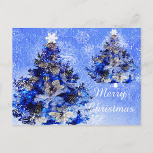 Blue Christmas tree, flower and pines Holiday Postcard