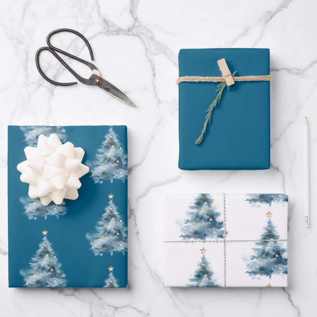 Blue Christmas Tree Gold Star  Wrapping Paper Sheet (Front)