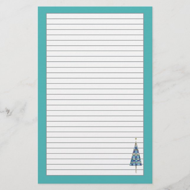 Blue Christmas Tree Holiday Grey Lined Stationery (Front)