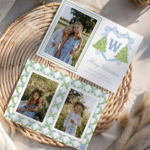 Blue Christmas Tree Monogram Crest Photo Holiday Card