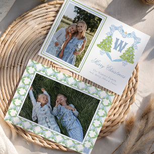 Blue Christmas Tree Monogram Crest Photo Holiday Card