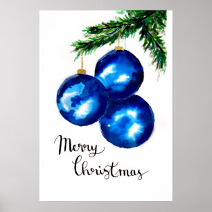 Blue Christmas Tree Ornaments Poster