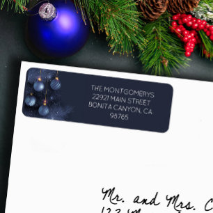 Blue Christmas Tree & Ornaments Return Address