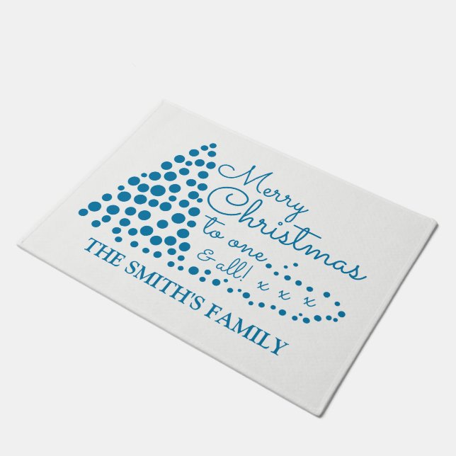 Blue Christmas Tree, Personalized Family Name Door Doormat (Angled)