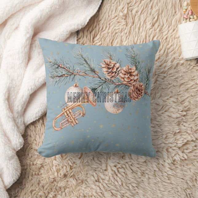 Blue Christmas Tree Pine Cones Ornaments Trumpet Cushion (Blanket)