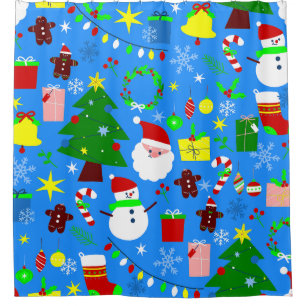 blue christmas tree santa claus shower curtain