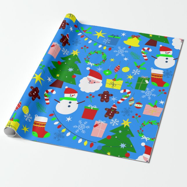 blue christmas tree santa claus wrapping paper (Unrolled)