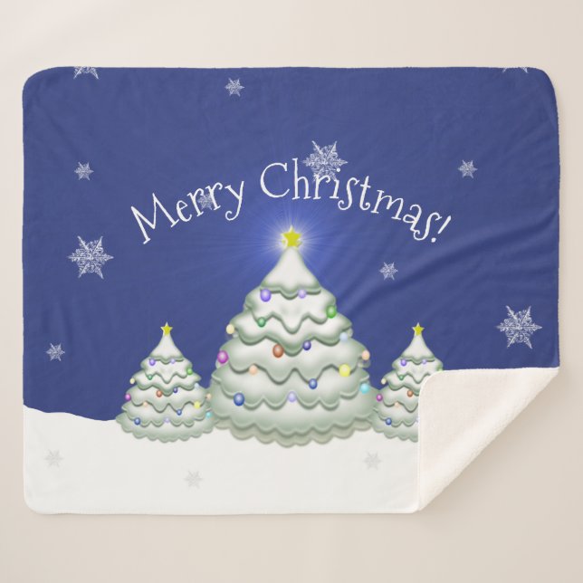 Blue Christmas Tree Sherpa Blanket (Front (Horizontal))