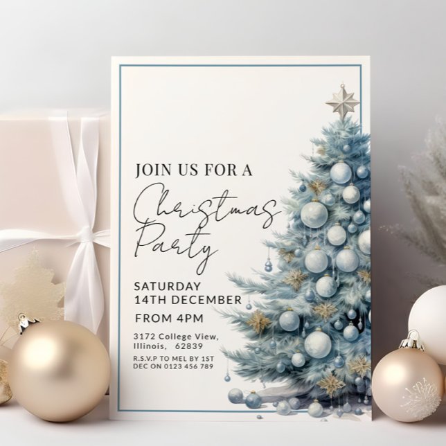 Blue Christmas Tree Silver Baubles Festive Holiday Invitation (Creator Uploaded)