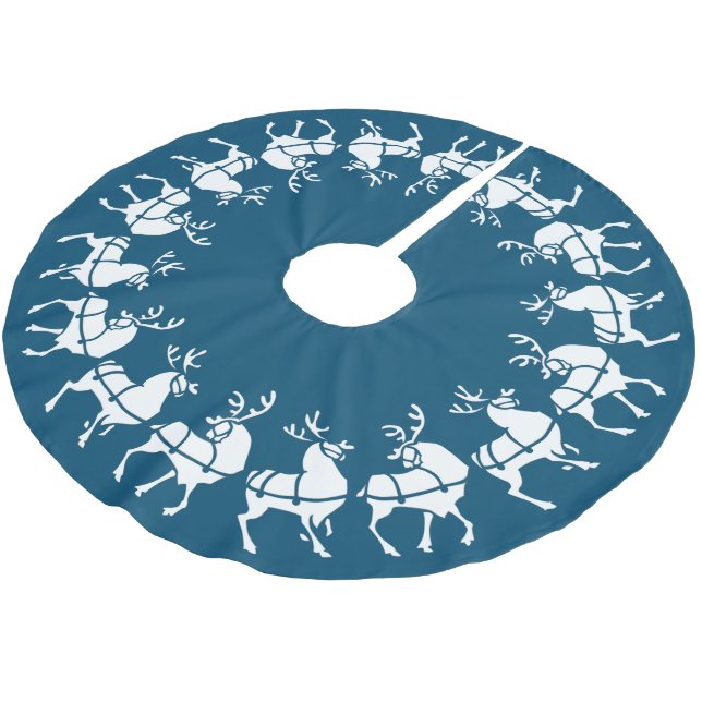 Blue Christmas Tree Skirt Holiday Reindeer Decor (Angled)
