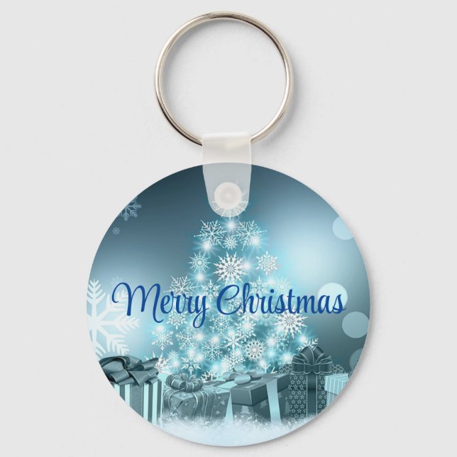 Blue Christmas Tree, Snowflake Key Ring (Front)