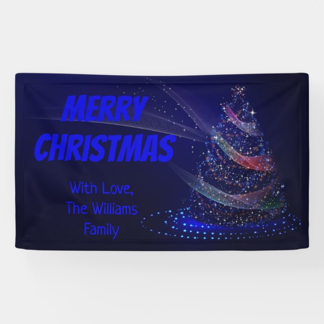 Blue Christmas Tree Stars String of Lights Elegant Banner (Horizontal)