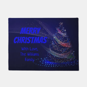 Blue Christmas Tree Stars String of Lights Elegant Doormat