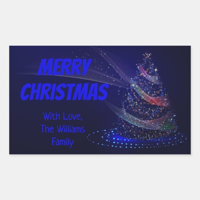 Blue Christmas Tree Stars String of Lights Elegant Rectangular Sticker (Front)
