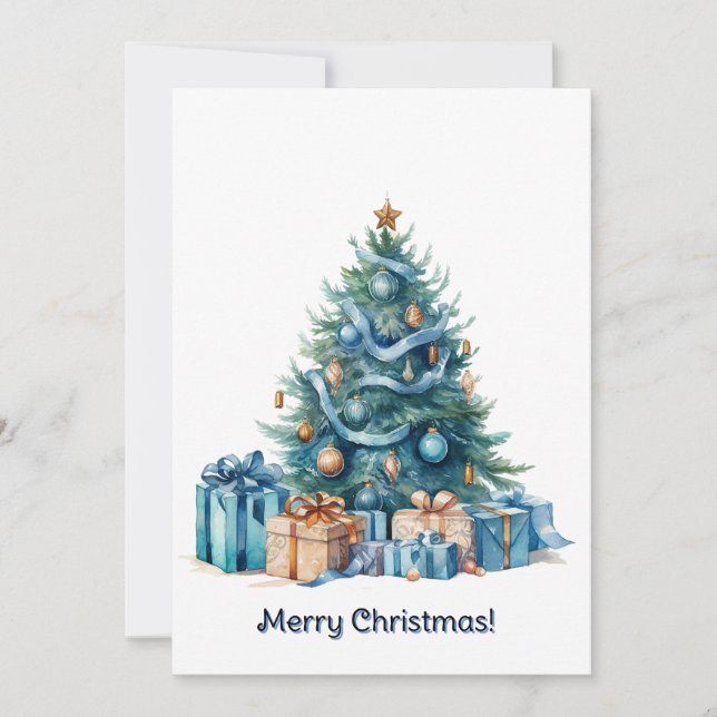 Blue Christmas Tree Watercolor Art Holiday Card (Front)