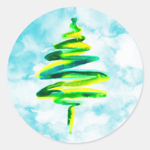 Blue Christmas Tree watercolor Classic Round  Sticker