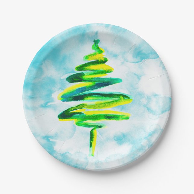 Blue Christmas Tree watercolor Paper Plates (Front)