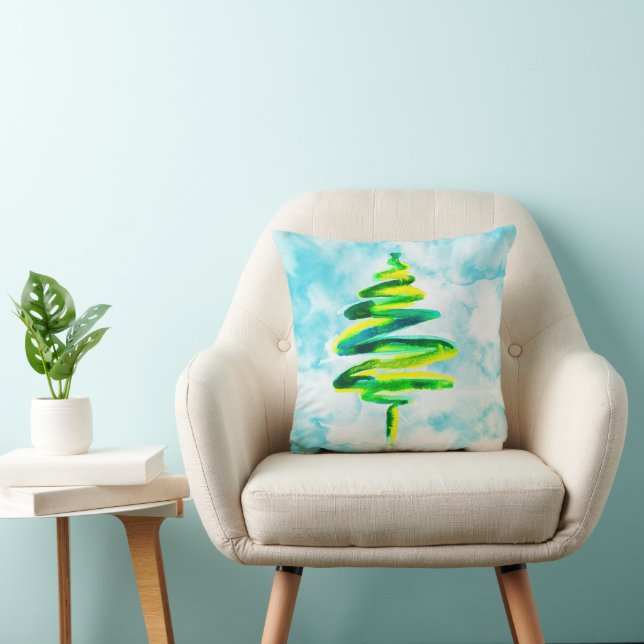 Blue Christmas Tree watercolor Throw Pillow (Chair)