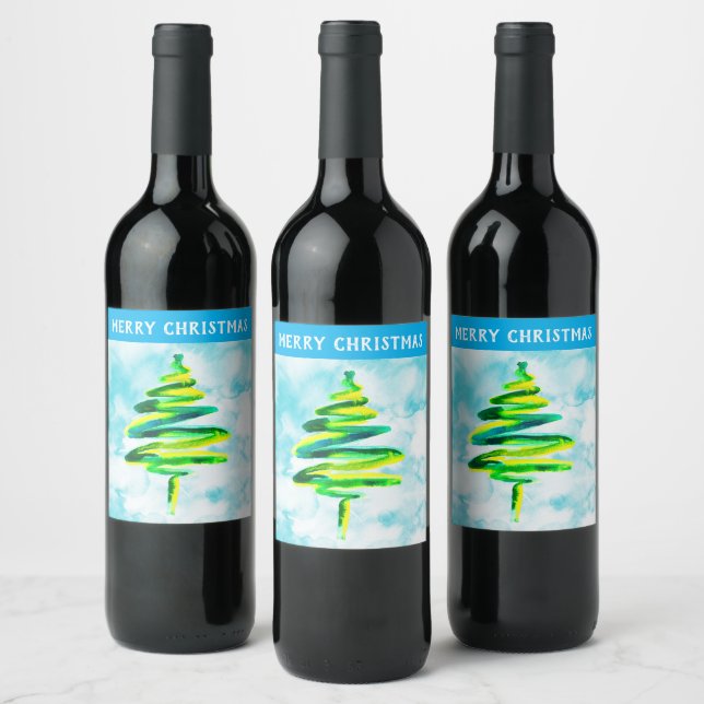 Blue Christmas Tree watercolor Wine Label (Bottles)