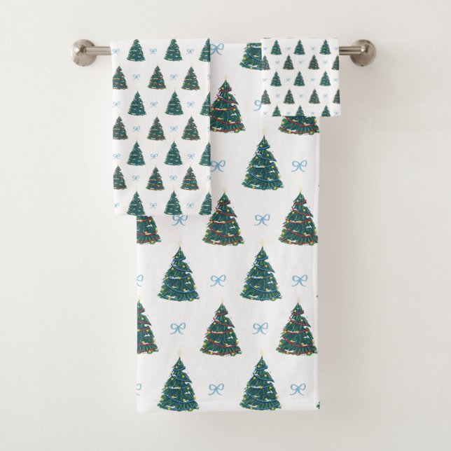 Blue Christmas Tree Winter Coquette Christmas Bath Towel Set (Insitu)