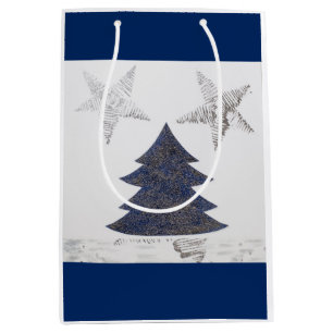 Blue Christmas tree with silver glitter and stars Medium Gift Bag