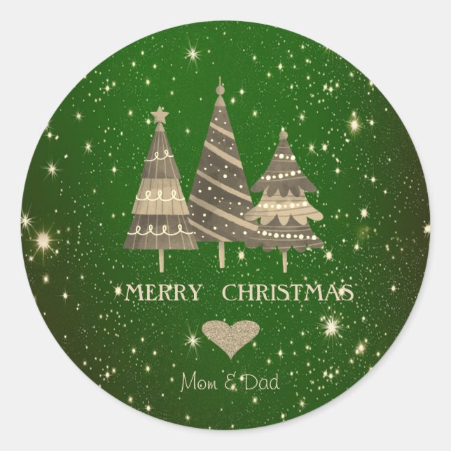 Blue Christmas Trees,Gold Heart Green Classic Round Sticker (Front)