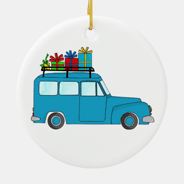 Blue Christmas truck with gifts Ceramic Tree Decoration (Back)