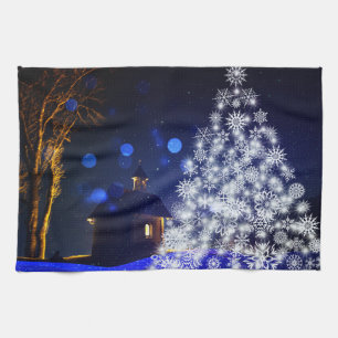 Blue Christmas white tree holidays Tea Towel