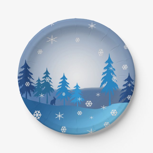 Blue christmas winter scene paper plate (Front)