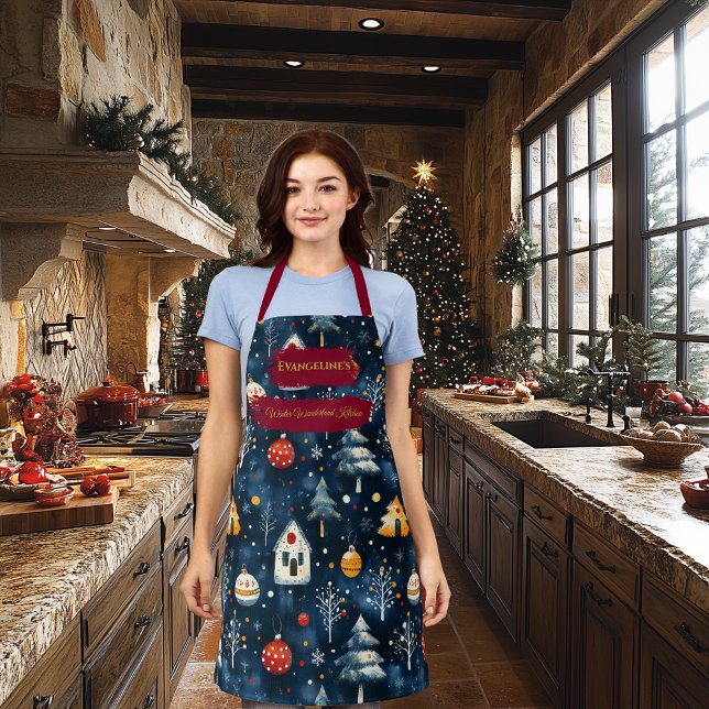 Blue Christmas with Winter Houses and Ornaments Apron (Creator Uploaded)