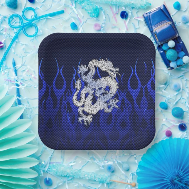 Blue Chrome like Dragon Carbon Fibre Style Paper Plate (Party)