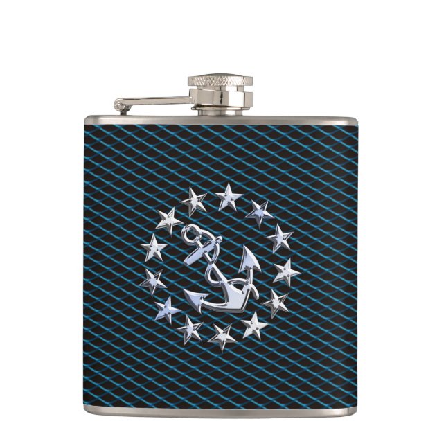 Blue Chrome Like Yacht Flag Automotive Grille Hip Flask (Front)