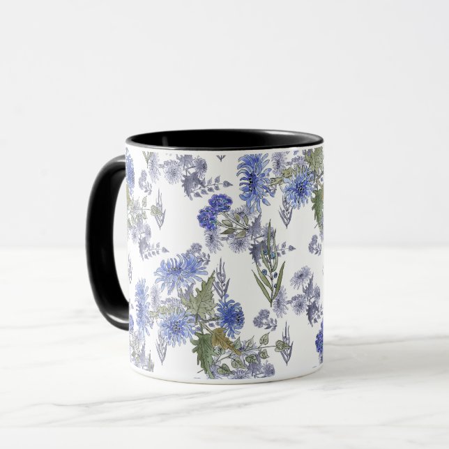 Blue chrysanthemums , watercolor mug (Front Left)