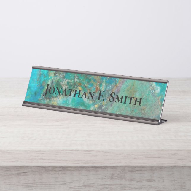 Blue Chrysocolla Mineral Stone Personalised Desk Name Plate (Front)
