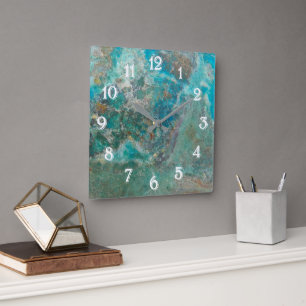 Blue Chrysocolla Mineral Stone with White Numerals Square Wall Clock