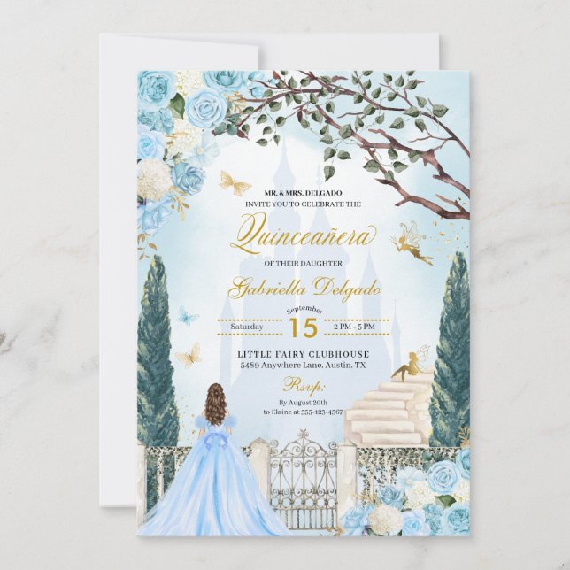 Blue Cinderella Enchanted Garden Quinceanera Invitation (Front)