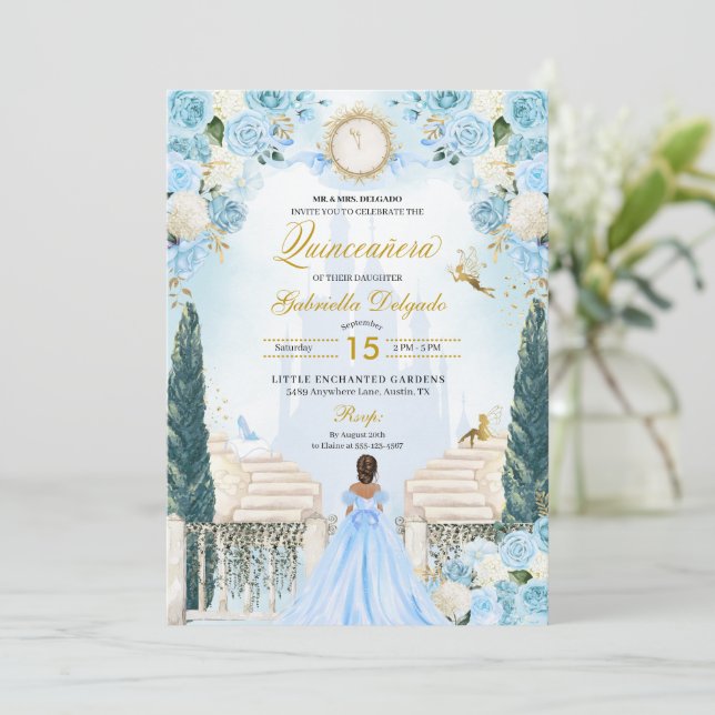 Blue Cinderella Princess Fairy Quinceanera Invitation (Standing Front)