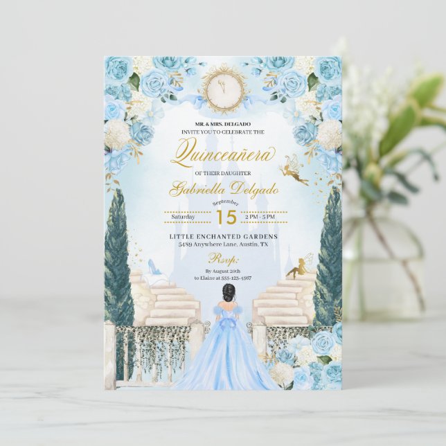 Blue Cinderella Princess Fairy Quinceanera Invitation (Standing Front)