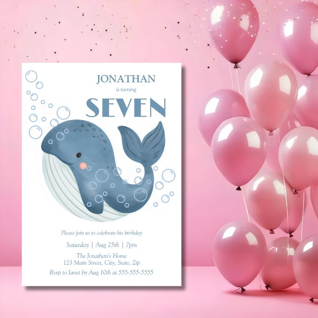 Blue Circle Bubble Cute Whale Kids Birthday Invitation (Creator Uploaded)