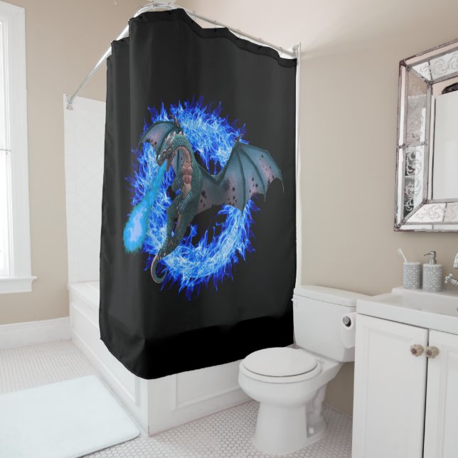 Blue Circle Flame Dragon Breathing Fire Shower Curtain (In Situ)