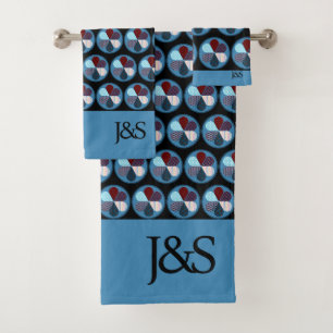 BLUE CIRCLE PATCHWORK FLOWER PATTERN INITIALS BATH TOWEL SET