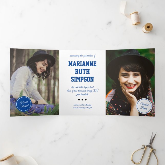 Blue Circles 5-Photo Graduation Tri-Fold Invitation (Inside)