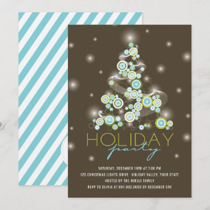 Blue Circles Sparkles Christmas Tree Holiday Party Invitation