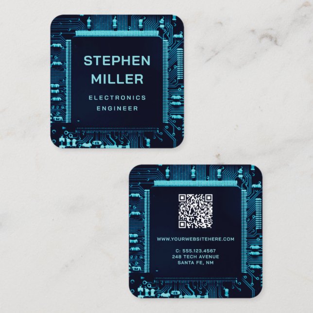 Blue Circuit Board QR Code Electronics Engineer Square Business Card (Front/Back)
