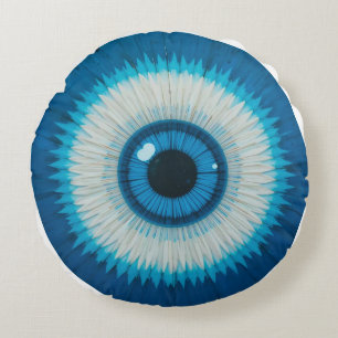 Blue Circular Eye Symbol Abstract Artistic Style Round Cushion