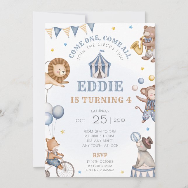 Blue Circus Birthday Party Invitation Carnival (Front)